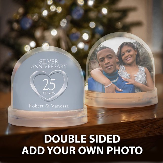 Silver heart 25th wedding anniversary custom name  snowglobe (Creator Uploaded)