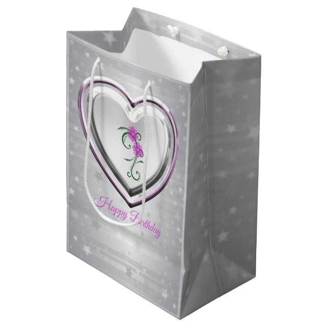 Silver Heart And Purple Flowers Medium Gift Bag (Front Angled)