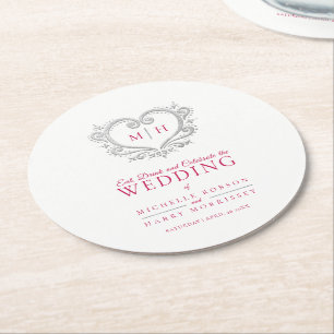 Silver heart berry red wreath monogram wedding round paper coaster