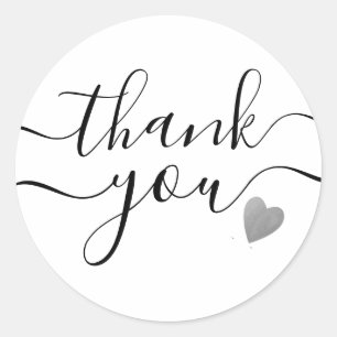 Silver Heart Black And White Thank You Classic Round Sticker