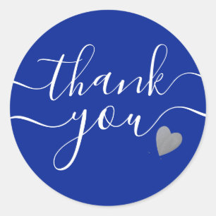 Silver Heart Blue And White Thank You Classic Round Sticker