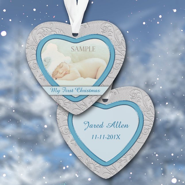 Silver Heart Blue Baby Boy First Christmas Ornament (Creator Uploaded)