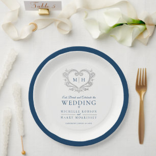 Silver heart blue wreath monogram wedding  paper plate