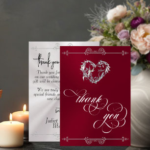 Silver Heart & Calligraphy on Burgundy/White Thank You Card