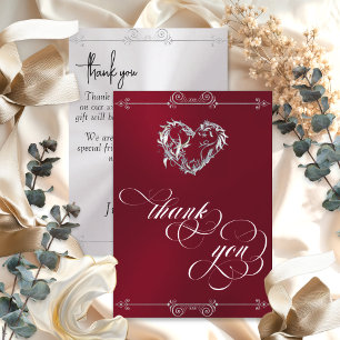 Silver Heart & Calligraphy on Burgundy/White Thank You Card