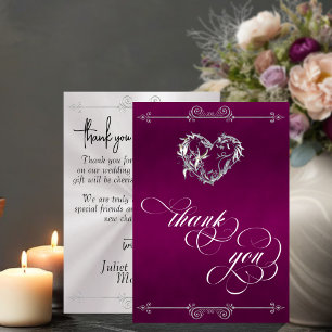 Silver Heart & Calligraphy on Plum/White Thank You Card