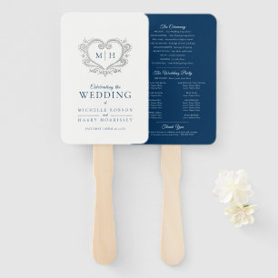 Silver heart dark blue and white wedding program hand fan