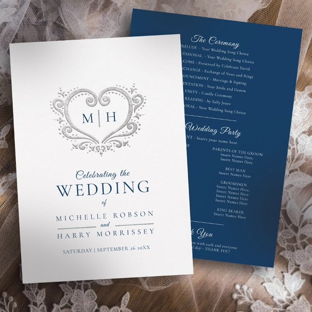 Silver heart dark blue and white wedding program programme (Creator Uploaded)