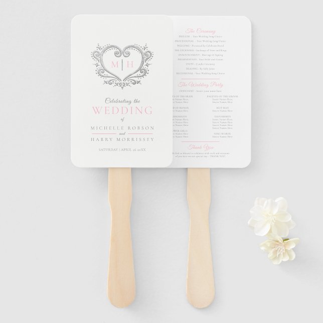 Silver heart pink and white wedding program hand fan (Front and Back)