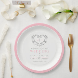Silver heart pink wreath monogram wedding paper plate