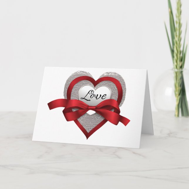 Silver Heart Red Ribbon Love Valentine's Day Card (Front)