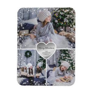 Silver Heart Sparkly Photo Merry Christmas Magnet
