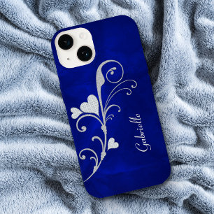 Silver Heart Swirl Sparkle on Blue Case-Mate iPhone 14 Case