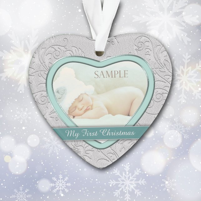 Silver Heart Teal Baby First Christmas Ornament (Creator Uploaded)
