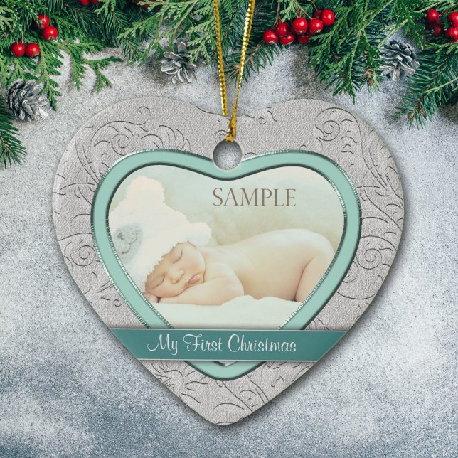 Silver Heart Teal Swirl Baby First Christmas Ceramic Tree Decoration (Creator Uploaded)