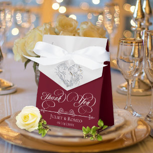 Silver Heart Thank You- Burgundy Favour Box