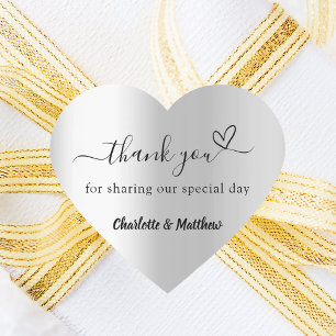 Silver heart thank you wedding heart sticker