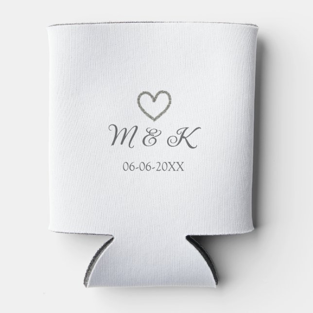 Silver heart wedding couple name letter modern  can cooler (Front)