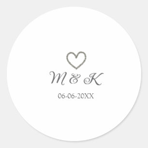 Silver heart wedding couple name letter modern  classic round sticker