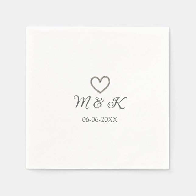 Silver heart wedding couple name letter modern  napkin (Front)
