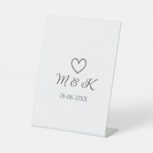 Silver heart wedding couple name letter modern pedestal sign