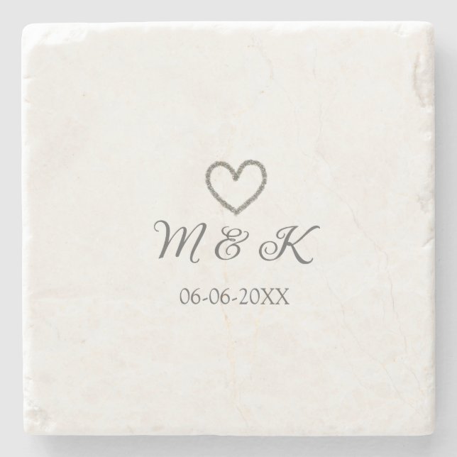 Silver heart wedding couple name letter modern  stone coaster (Front)