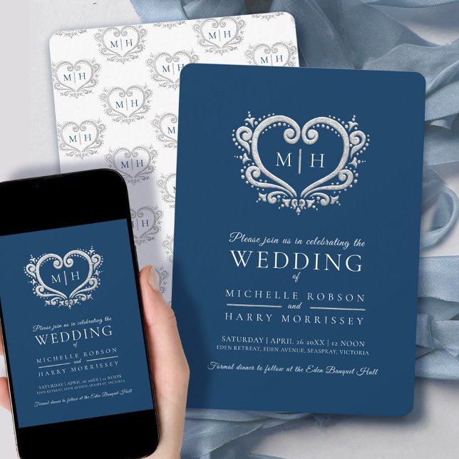 Silver heart wedding dark blue and white invitation (Creator Uploaded)