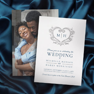 Silver heart wedding prussian blue and white invitation