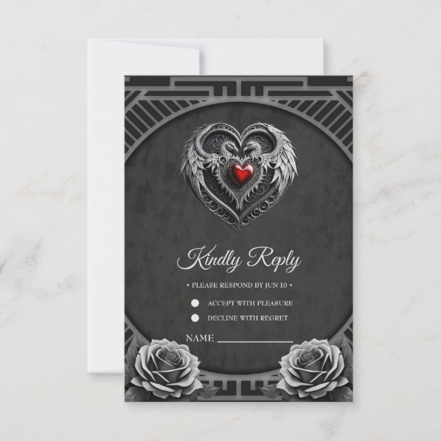 Silver heart with wings. RSVP card (Front)
