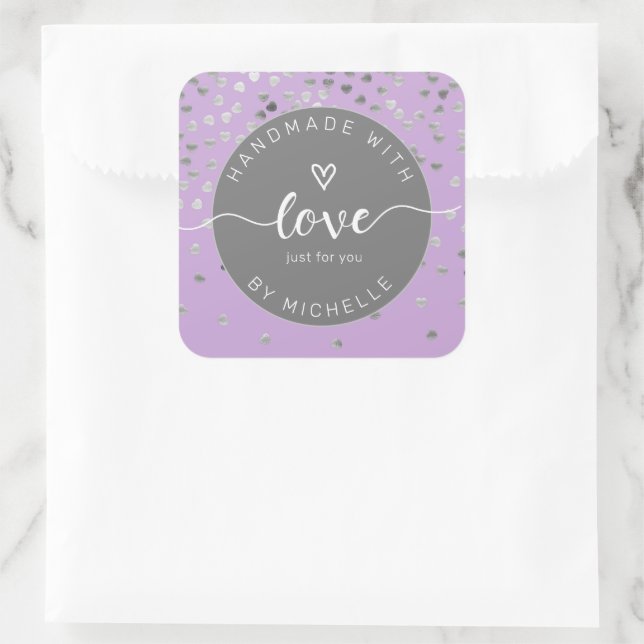 silver hearts handmade with love monogram square sticker (Bag)