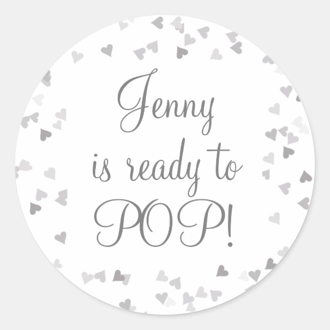 Silver Hearts She's Ready to Pop Baby Shower Favou Classic Round Sticker (Front)