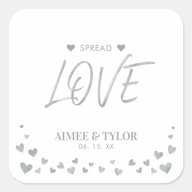 Silver Hearts Spread the Love Wedding Favour Square Sticker (Front)