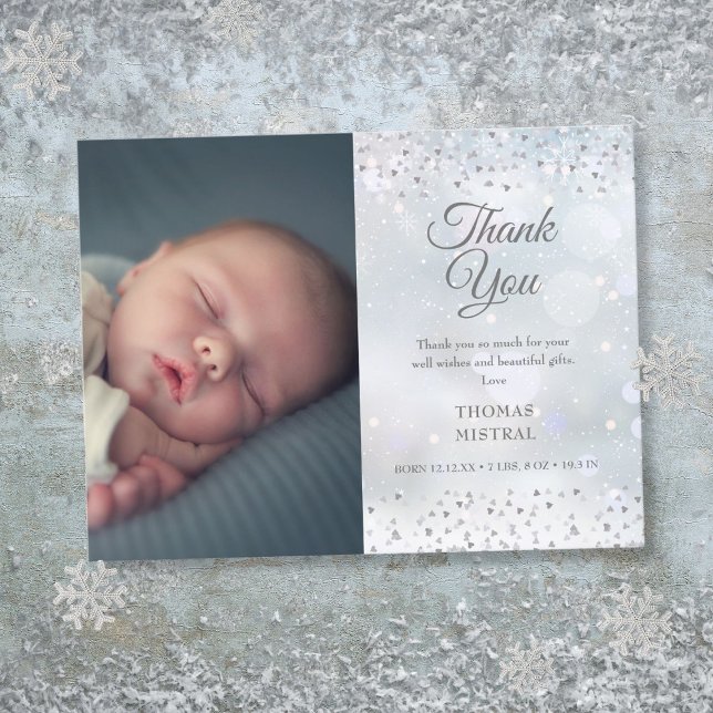 Silver Hearts Thank You Photo Winter Baby Birth Announcement Postcard (Silver Hearts Thank You Photo Winter Baby Birth Announcement Postcard)