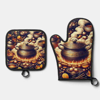  Silver Heat Resistant Oven Mitt with Red Heart De & Pot Holder Set