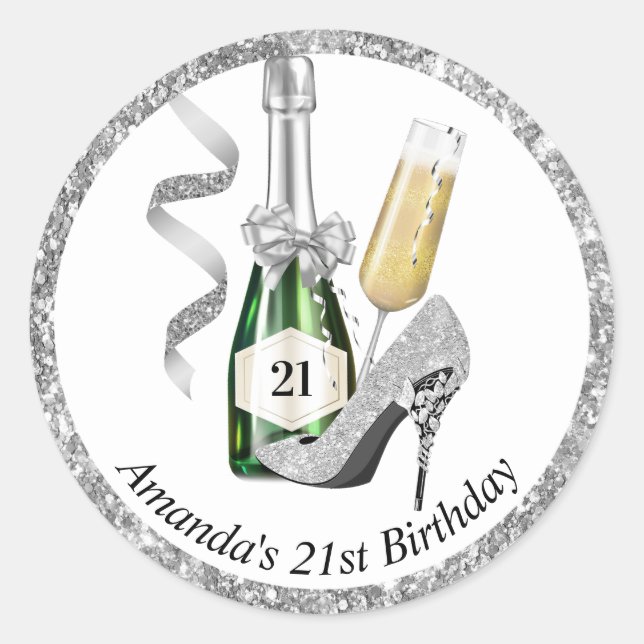 Silver Heels and Champagne Women's Birthday  Classic Round Sticker (Front)