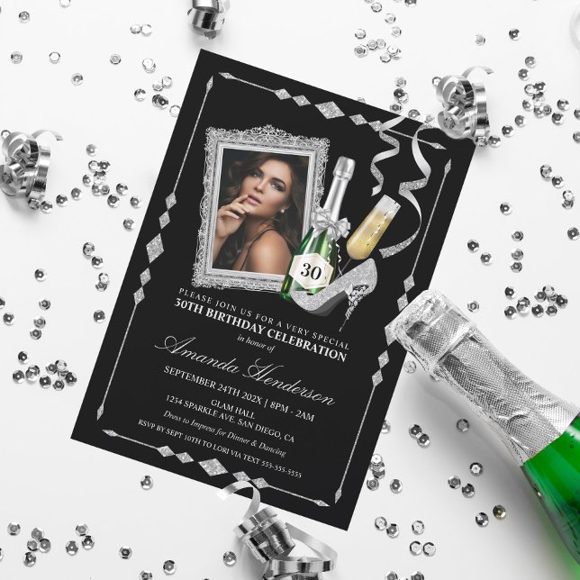 Silver High Heels and Champagne Women's Birthday Invitation (Creator Uploaded)