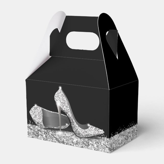 Silver High Heels Glitter Confetti Elegant Black Favour Box (Front Side)
