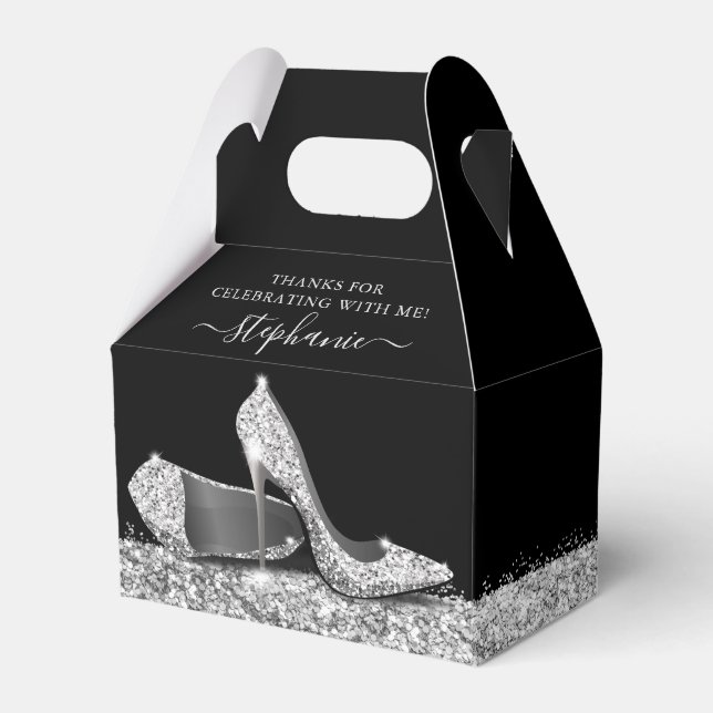 Silver High Heels Glitter Elegant Black Thank You Favour Box (Front Side)