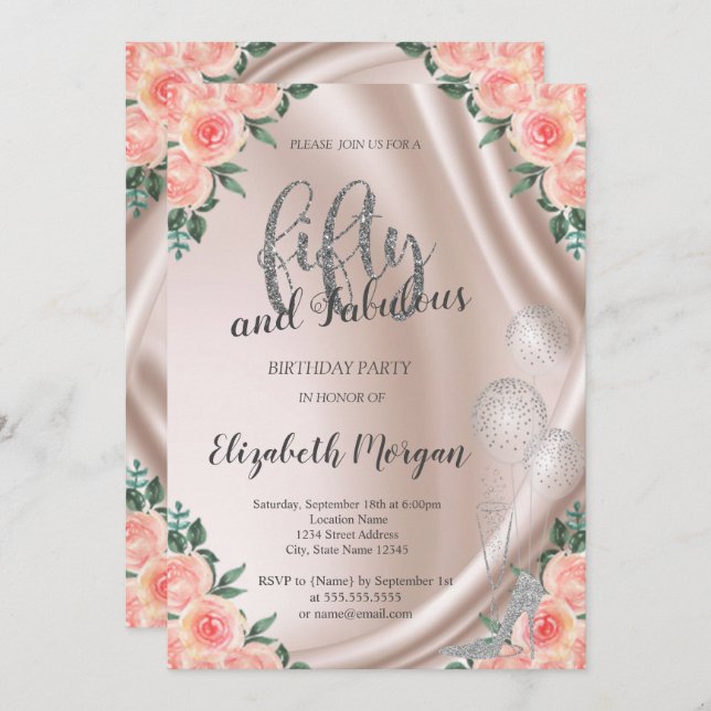 Silver High Heels Roses  50th Birthday Party Invitation (Front/Back)