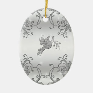 Silver Holly and Dove Ceramic Tree Decoration