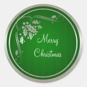 Silver Holly and Swirls on Green Xmas Stickers