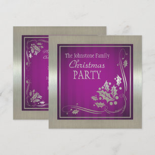 Silver Holly and Swirls on Purple Christmas Party Invitation