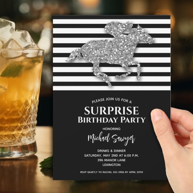 Silver Horse Black White Stripes Birthday Invitation (Silver faux glitter racehorse on black and white stripes surprise birthday invitations)