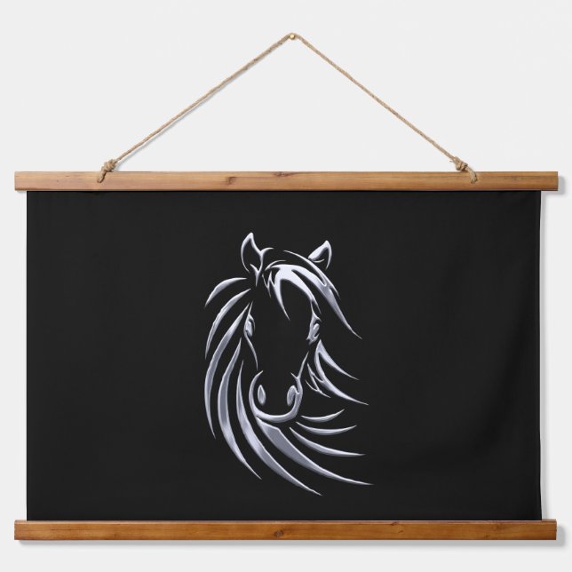 Silver Horse Head on Black Hanging Tapestry (Front)