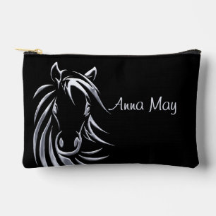 Silver Horse Head on Black Personalised Script Accessory Pouch