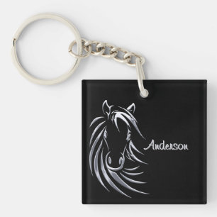 Silver Horse Head on Black Personalised Script Key Ring