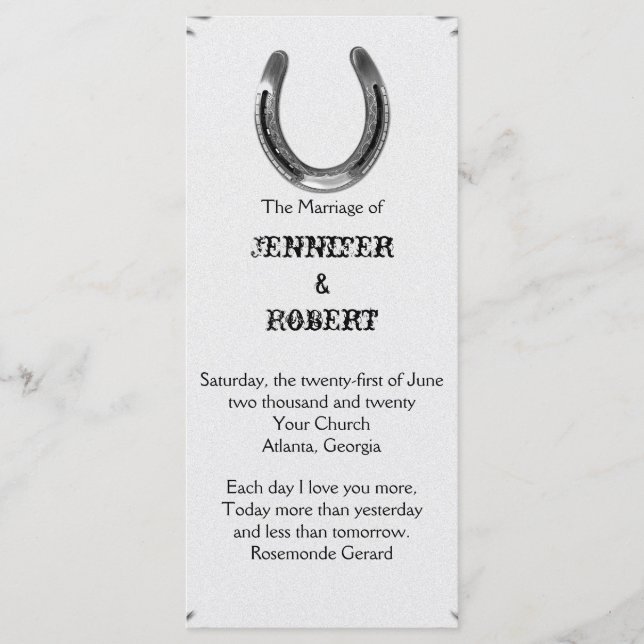 Silver Horseshoe on White Wedding Program Programme (Front)