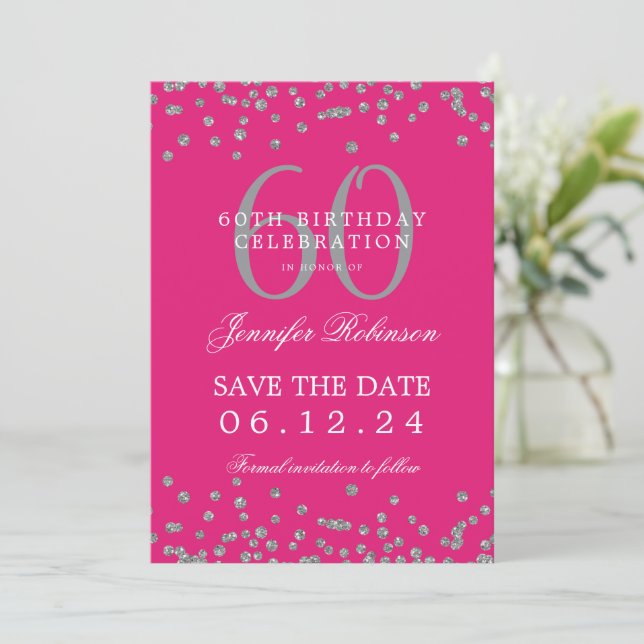 Silver Hot Pink 60th Birthday Save Date Details Invitation (Standing Front)