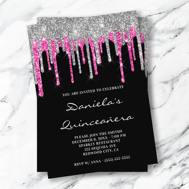Silver Hot Pink Glitter Drips Black Quinceañera Invitation (Creator Uploaded)