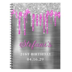 Silver Hot Pink Glitter Drips Metallic Birthday Notebook